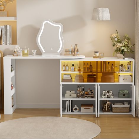 Tocador giratorio con espejo LED 3 colores, almacenaje, blanco 177x40x131,5 cm OKMYHOME (1/5)