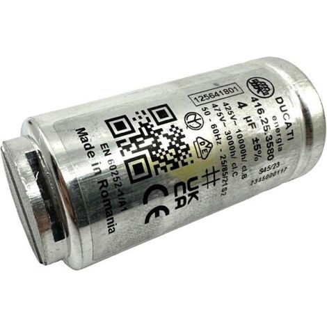 Electrolux – Condensateur moteur 4µF aluminium pour sèche-linge AEG – Cosses Faston 6.3mm – Longueur 60mm – Durée de vie 10,000h (1/7)