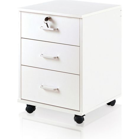 Caisson 3 tiroirs, Meuble rangement bureau mobile avec verrouillable et 4 roulettes, pour format A4, documents, style morderne,Blanc