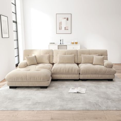 Luxuriöses Modulares Ecksofa - Übergroßes L-förmiges Cloud Couch für Wohnzimmer, Tiefes Schlafsofa mit Ottoman, Cord, Chenille Hellbraun 
WL