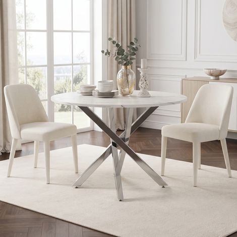 Table de salle à manger ronde, 80 x 80 x 75 cm, plateau effet marbre, style moderne, pieds en acier galvanisé argenté, table basse/table d'appoint, style minimaliste moderne, blanc et argent (1/4)