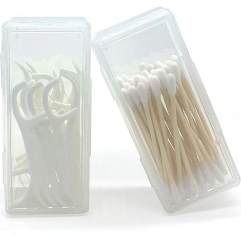 Distributeur de cotons-tiges de voyage - Lot de 2 - Petit distributeur portable - Distributeur de cure-dents - Boîte transparente pour cotons-tiges - Lingettes en coton - Cure-dents (1/5)