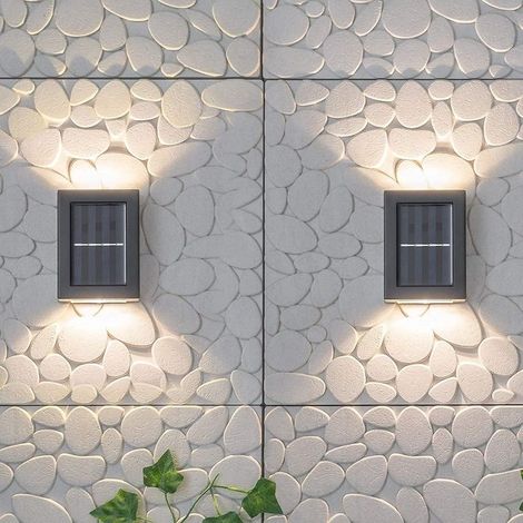 Applique murale solaire d'extérieur, étanche à la poussière vers le haut et vers le bas lumières LED pour jardin, terrasse, garage, porte d'entrée, allée, allée (lot de 2) ( blanc froid) (1/4)