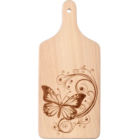 Tabla de cortar de madera con una mariposa grabada. (1/3)