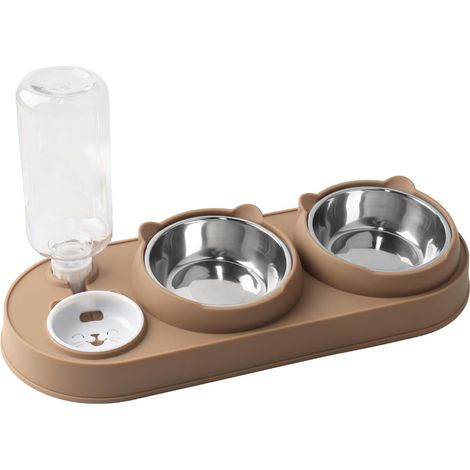 3 in 1 Cat Food and Water Bowl Set, Stainless Steel Bowls with Tilted Stand, Double Kitten Food Bowl with Water Dispenser, Station (1/5)