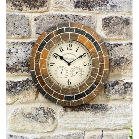 14" Classic Wall Clock Stone Mosaic with Thermometer 14" (1/2)