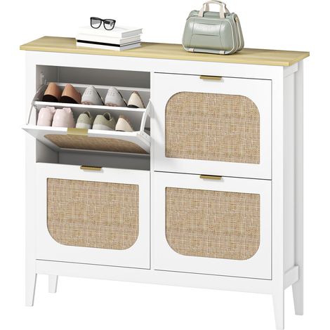 Schuhschrank im Bohème-Stil für 20 Paar Schuhe mit 4 Klappschubladen, Türen aus Rattan, 105 x 24 x 95,5 cm, weiß