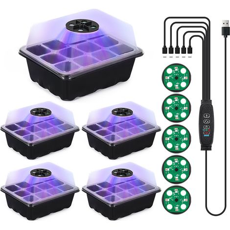 Trywise Lot de 5 boîtes de semis respirantes en plastique à 12 trous avec éclairage intégré pour la culture et l'entretien des légumes à la maison (noir) (1/4)