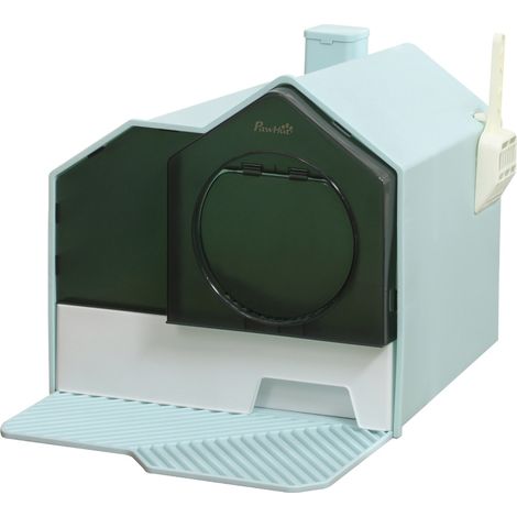 Arenero para gatos con forma de casita verde, filtro para arena y pala (1/5)
