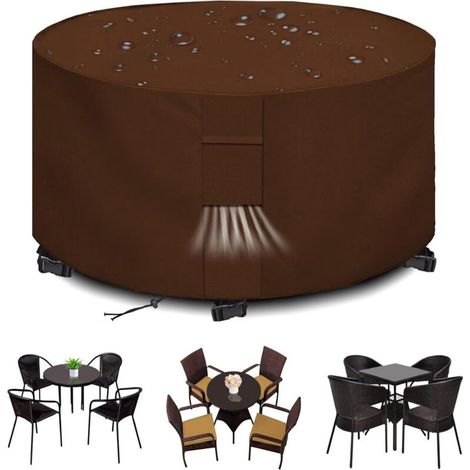 Housse de mobilier de jardin extérieur imperméable 420D, anti-UV, avec grilles d'aération, ronde, marron (185x110cm) (1/5)