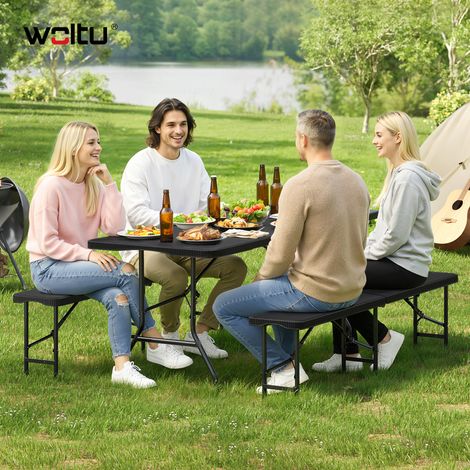 WOLTU 3-teilig Bierzeltgarnitur Festzeltgarnitur Klappbar Biertisch 2 Bierbank Gartenmöbel Set mit Tragegriffe Schwarz