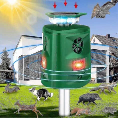 Outdoor cat deterrent device – 360° ultrasonic solar device with motion detector and LED light, 5 modes, waterproof