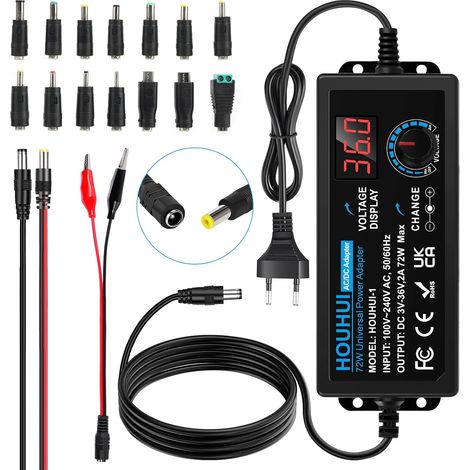 2 A 72 W - Bloc d'alimentation réglable CC 3 V 36 V - Interrupteur universel AC/DC réglable - Avec indicateur de tension LED et 16 astuces - Pour électronique domestique - 2000 mA maximum (1/5)