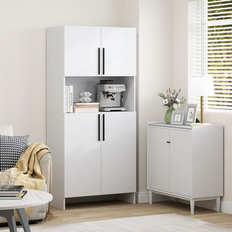 Armoire colonne cuisine blanche 175 cm avec rangement, meuble garde-manger avec étagères et emplacement micro-ondes, buffet haut avec portes (1/5)