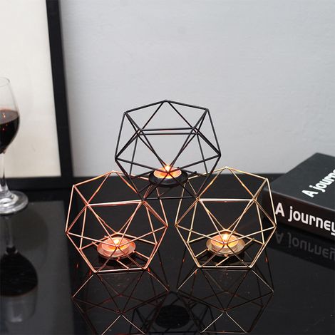 Lot de 2 bougeoirs géométriques en fer noir, décoration sur pied pour thé bougie, centre de table mariage fête (1/5)