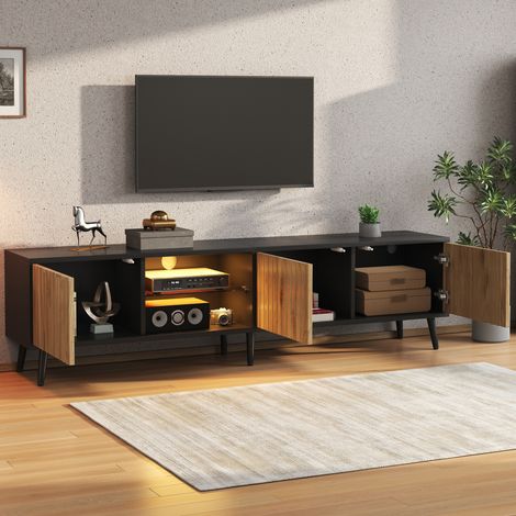 Meuble TV LED 175x31x43,5 cm bois naturel + noir,3 placards verre trempé,6 pieds,adapté TV 75 pouces.