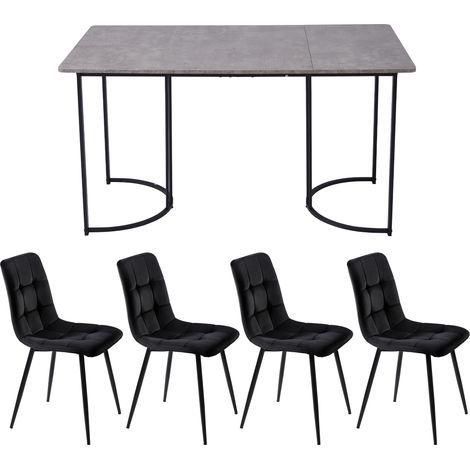 Ensemble de salle à manger 5 pièces, table à manger avec 4 chaises, ensemble de table de cuisine moderne, table de cuisine 140×80 cm avec pieds en métal noirs, plateau en MDF gris, chaises de salle à