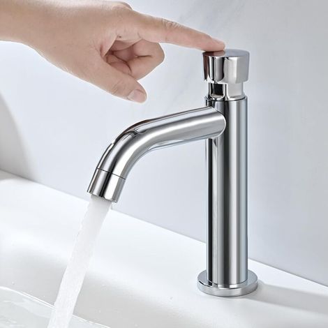 Robinet Eau Froide Uniquement, Robinet Temporisé pour Lavabo, Robinet Poussoir Fermeture Automatique, Robinetterie Chromée pour Toilettes WC Invités (1/4)