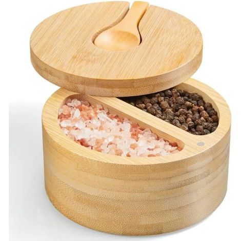 Une boîte à sel à deux compartiments avec couvercle et cuillère, et une salière en bambou avec couvercle à visser. (1/5)