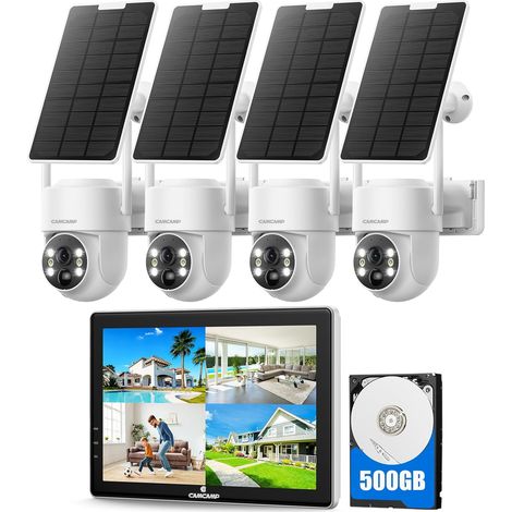 Camera Surveillance WiFi Solaire avec 10" Moniteur et 500Go HDD, 10CH NVR 2K Video Surveillance sans Fil, Pas Besoin de WiFi, Vision Couleur, Mouvement Détection,2-Voies Audio,Sortie HDMI (1/5)