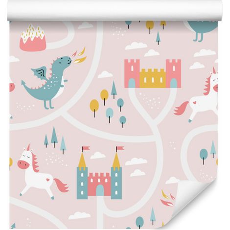 Papier peint féerique avec dragons et licornes pour salon et chambre 50x1000 cm (1/5)