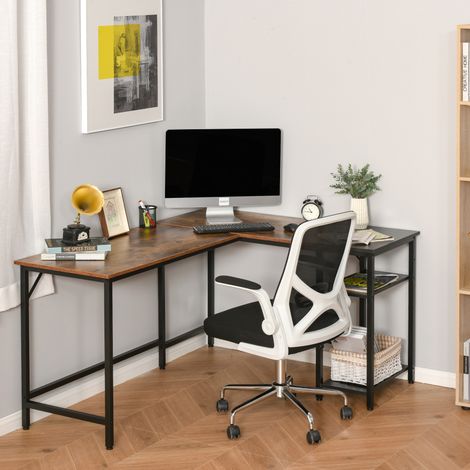 Eckschreibtisch im Industriestil mit Seitenablage, Holz und schwarzes Metall, 150 x 120 x 75 cm