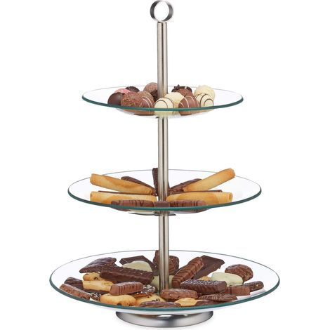 Assiettes sur Pied, étagère Ronde en Verre Service de gâteaux, Fruits, Muffins, Inoxydable, argenté, (1/5)