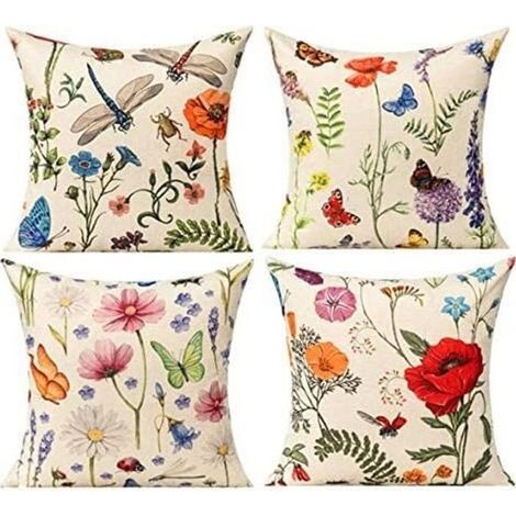 4-teiliges Kissenbezug-Set, 45 x 45 cm, Blumen-, Schmetterlings- und Libellenmotiv, dekorativer Leinenkissenbezug für Sofa, Schlafzimmer, Wohnzimmer (1/5)