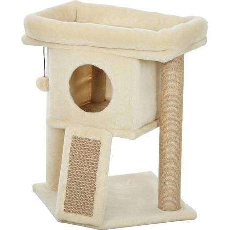 Arbre à chat avec tapis à griffer en jute, plateforme de couchage, balle de jeu, maison pour chat, beige, 40 x 40 x 57 cm