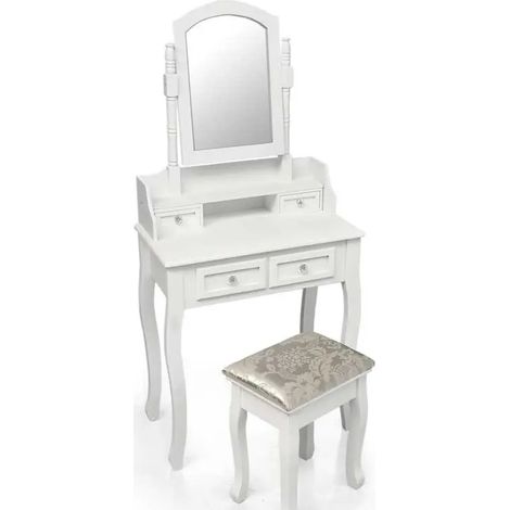 Elegante Konsolentisch mit Hocker, 70 x 40 x 72/130 cm, weiß lackiert, vier Schubladen, vintage Design