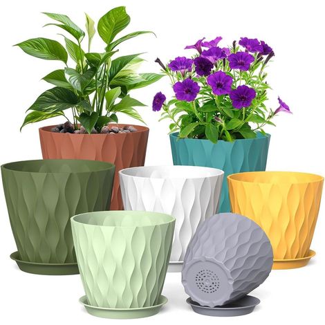 Lot de 7 pots de fleurs en plastique avec soucoupes, 7 tailles, 7 couleurs, texture ondulée 3D (1/5)