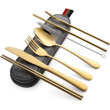Coffret Couverts Portatif En Acier Inoxydable - 8 Pièces - Pour Voyage Camping Pique-Nique Bureau École - Ensemble Réutilisable (1/5)
