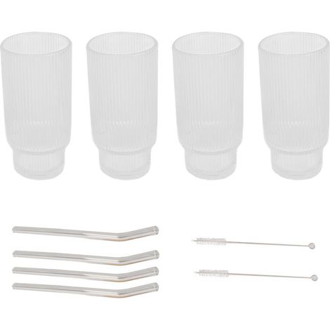 Lot de 4 verres vintage hauts empilables 16oz, verrerie à café cannelée pour jus, bière ou café glacé, avec 4 pailles en verre (1/5)