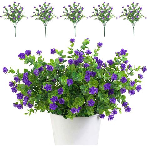 LEMROE Lot de 5 Bouquets de Fleurs Artificielles, Plantes de Verdure Résistantes aux UV pour Extérieur, Intérieur, Balcon, Jardin, Bureau (Violet) (1/5)