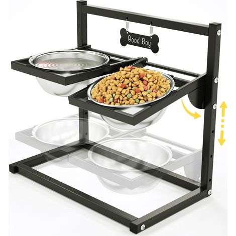 1 - Gamelle Surélevée Chien - Support Réglable - 4 Hauteurs et Inclinaison 10° - Acier Inoxydable 1.5L - Pour Grand Moyen Petit Chien - Noir - 60x30x45cm (1/5)