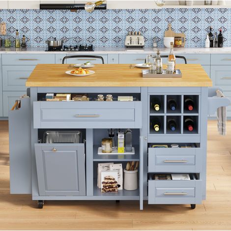 Chariot de cuisine pliable 143x75x91 cm en MDF bleu avec rangement, pour petit espace – MEUBLIV (1/5)