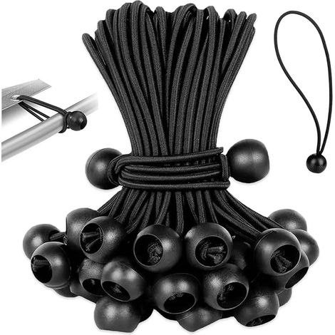 50 x Reinforced Elastic Bungee Cord with Ball, 15 cm Sandow, Heavy Duty Flexible Fastening, Tensioners Harness Extender Curtains Tarpaulin Black for Camping Tents, Awnings, Banners, Gazebos, Tarpaulin (1/5)