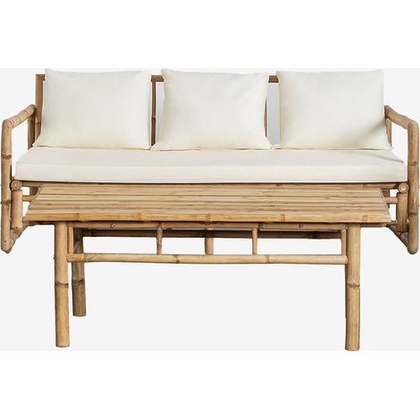 Sklum – Salon de jardin en bambou 3 places – Canapé avec coussins amovibles – Table basse 120x60cm – Fini verni pour extérieur (1/5)