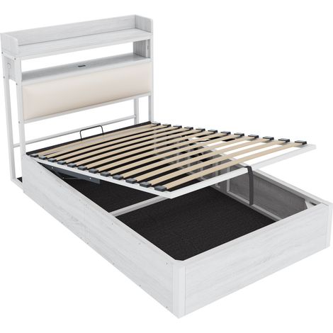 Cama con arcón 90x200 cm con USB y cabecero acolchado metal madera blanco MODENUIT (1/5)