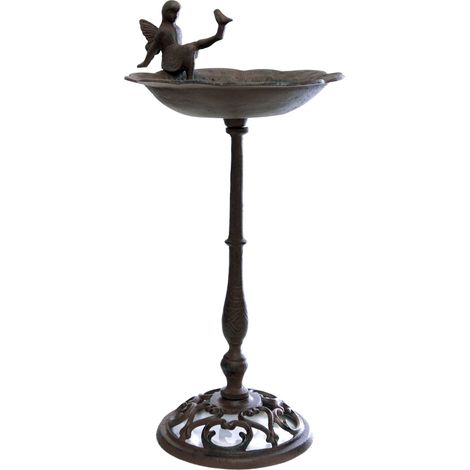 Spetebo – Bain d'oiseaux ELFE sur pied en fonte – Abreuvoir féerique brun antique – 51 cm – Décoration de jardin enchanteresse