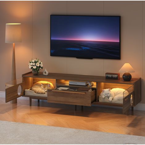 Meuble TV MDF coloris noyer avec LED, 2 portes en verre trempé et espace de repos pour chat (1/5)
