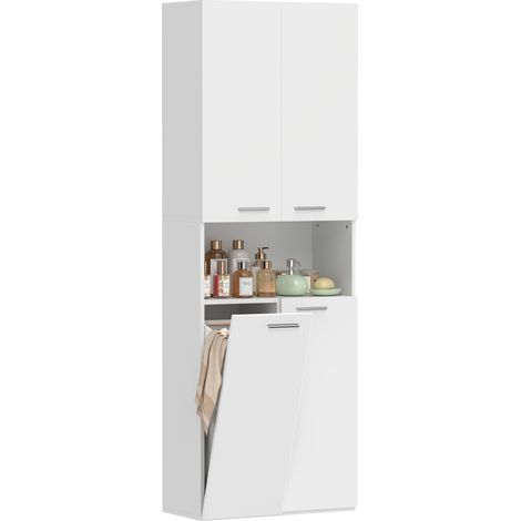 Mobile da Bagno a 2 Ante con Cesto Portabiancheria a Ribalta e Ripiano Aperto, 60x30x174 cm, in Legno, Bianco