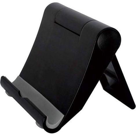 Set di 2 supporti da scrivania pieghevoli e portatili per cellulari, neri, girevoli a 360°, adatti a tutti gli smartphone. (1/5)
