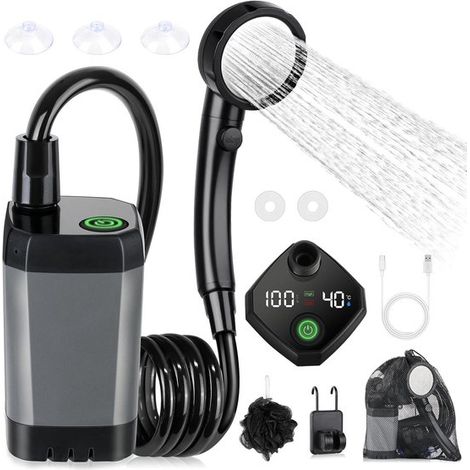 Tragbare Campingdusche, 6000 mAh, mit Pumpe und Temperaturanzeige, inklusive Duschkopf und 2 m Schlauch für Garten, Autowäsche, Strand, Reisen un (1/5)