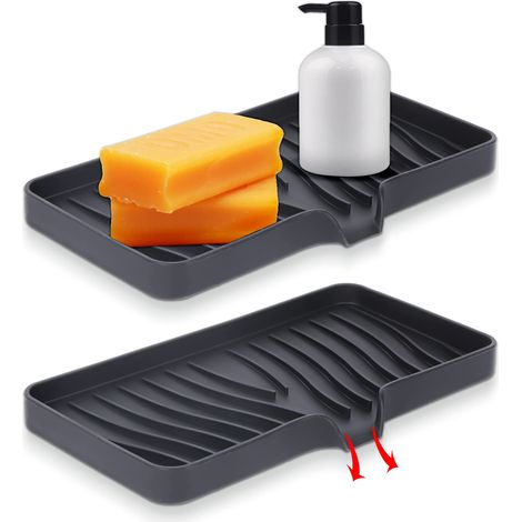 Plateaux d'évier en Silicone noir, tapis de drainage, Long plateau organisateur d'évier en Silicone pour salle de bains et cuisine, 1 pièce (1/5)