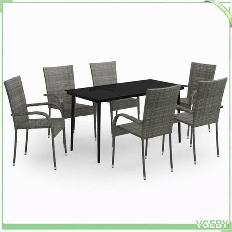 Ensemble à manger de jardin - FAFEICY - 3099410 - 7 pcs - Gris et noir - Table verre & chaises résine tressée (1/5)