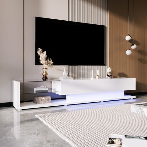 Meuble TV 170x36x38 cm blanc en panneau de particules avec LED et rangements (1/3)