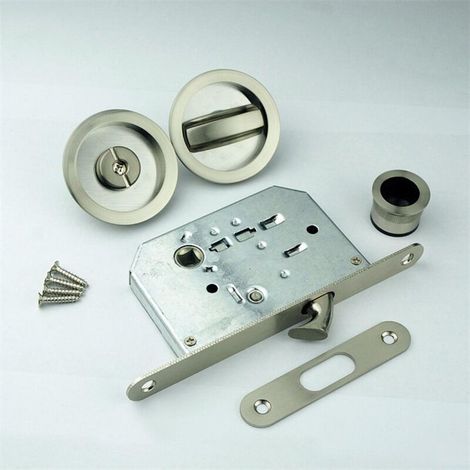 Kit Serrure pour Porte Coulissante - Serrure à condamnation et Poignées cuvettes Rondes encastrables - intérieur poignées 48 mm - Acier Finition nickelé brossé, Inclus Tire-Doigt, gache, vis (1/5)