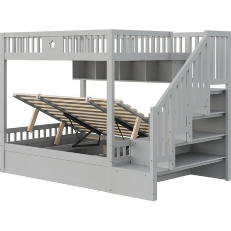 Cama alta 140 x 200 cm gris con cama inferior hidráulica, escalera con almacenaje y estantes (1/5)