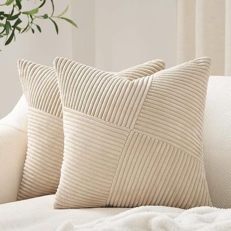 2Pcs Taies d'oreiller pour canapé-lit, 45x45 cm, housse de coussin décorative en velours côtelé doux à rayures unies, blanc cassé (1/5)